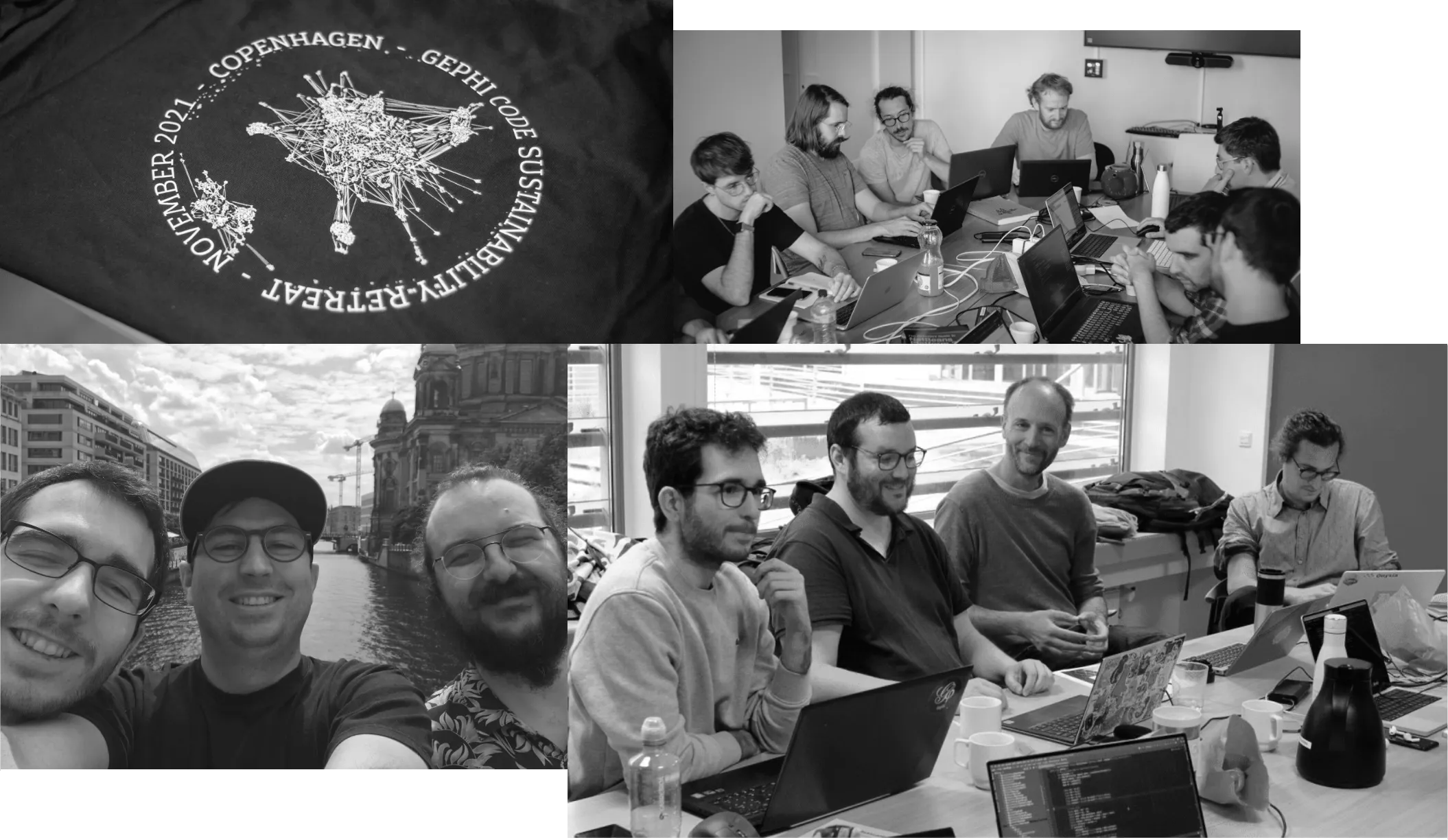 Various people in various environnement working on Gephi during Gephi weeks events.