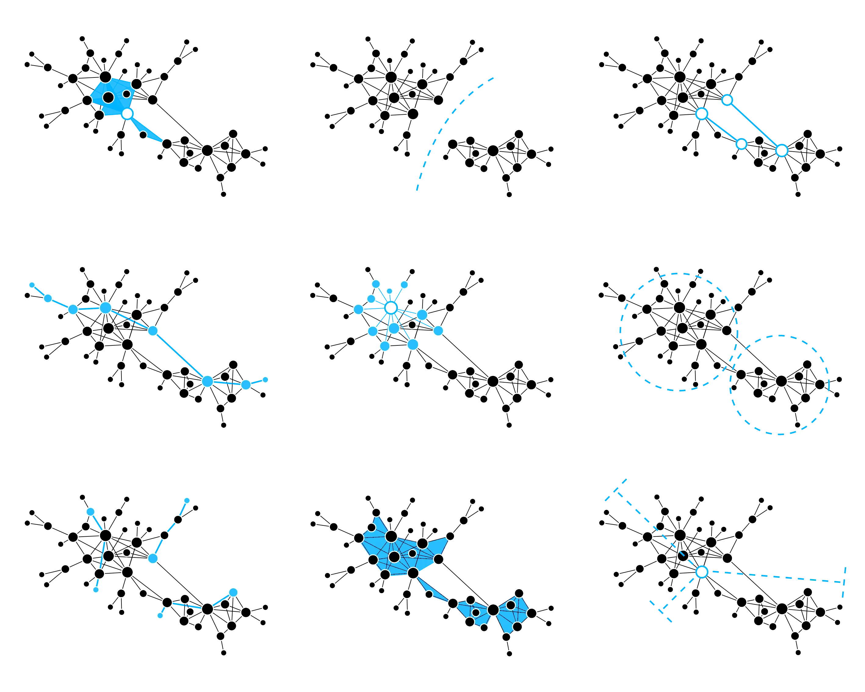 One network visible multiple times with annotations to reveal its structure